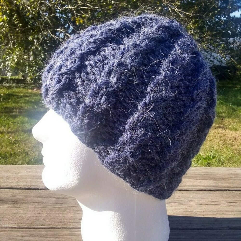 Chunky Skully Beanie Hat Hand Knit Men's Unisex Midnight Blue Alpaca Blend M/L - Picture 2 of 9